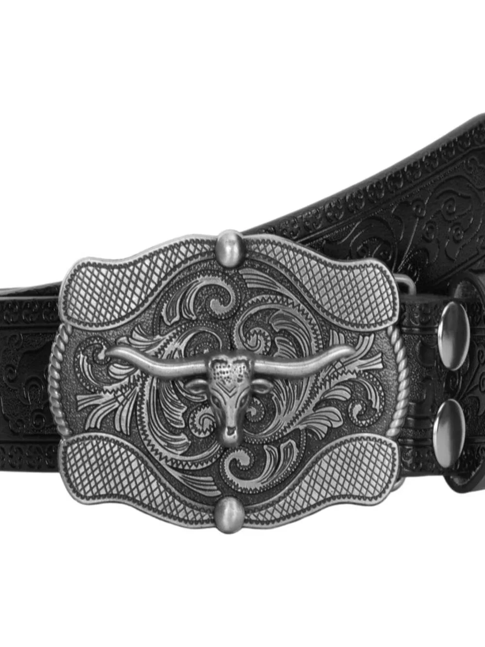Women's Black Western Pu Leather Longhorn Bull Turquoise Embossed Buckle Belt
